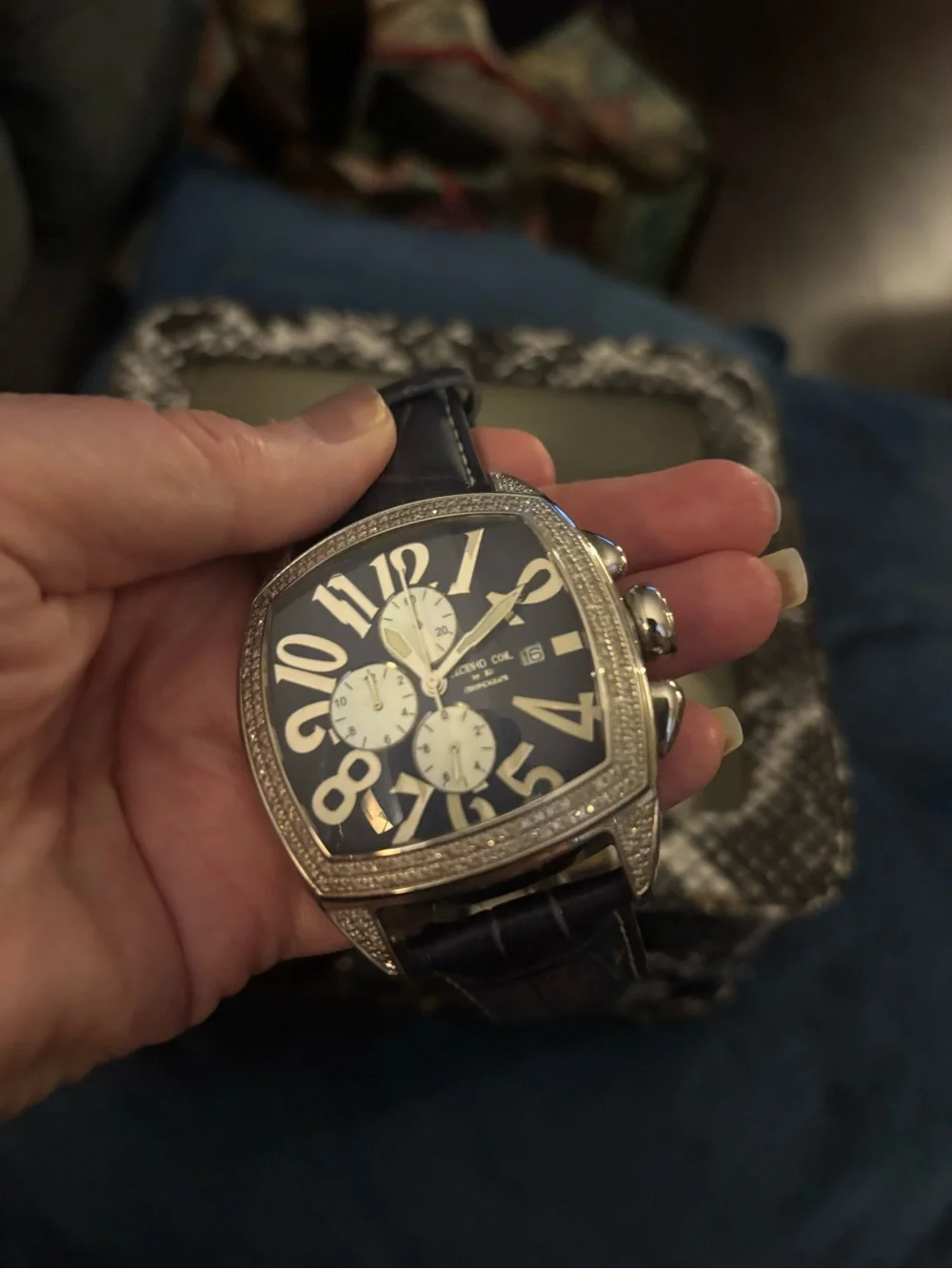 Stunning 4 ct Diamond Techno Com by KC Stainless Watch, Navy Blue Croc Strap